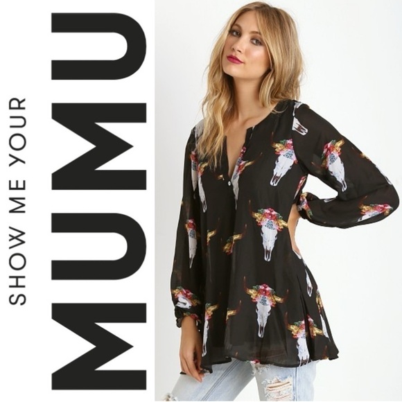 Show Me Your MuMu Tunic Top S Jamie Bull Floral Print Black Button - Picture 2 of 11